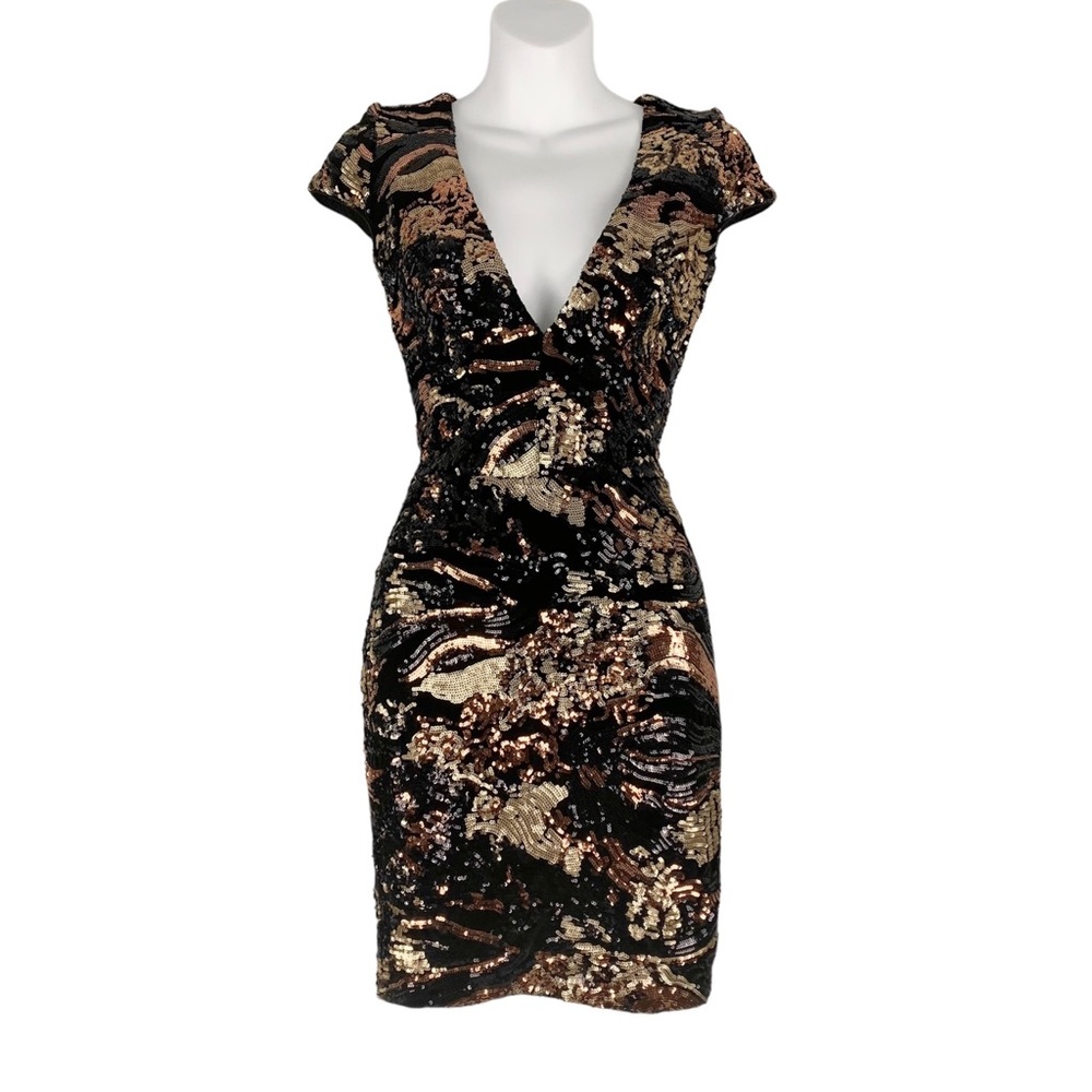 Dress The Population Zoe Sequin Mini Dress Black Bronze Women’s Size Small NWT
